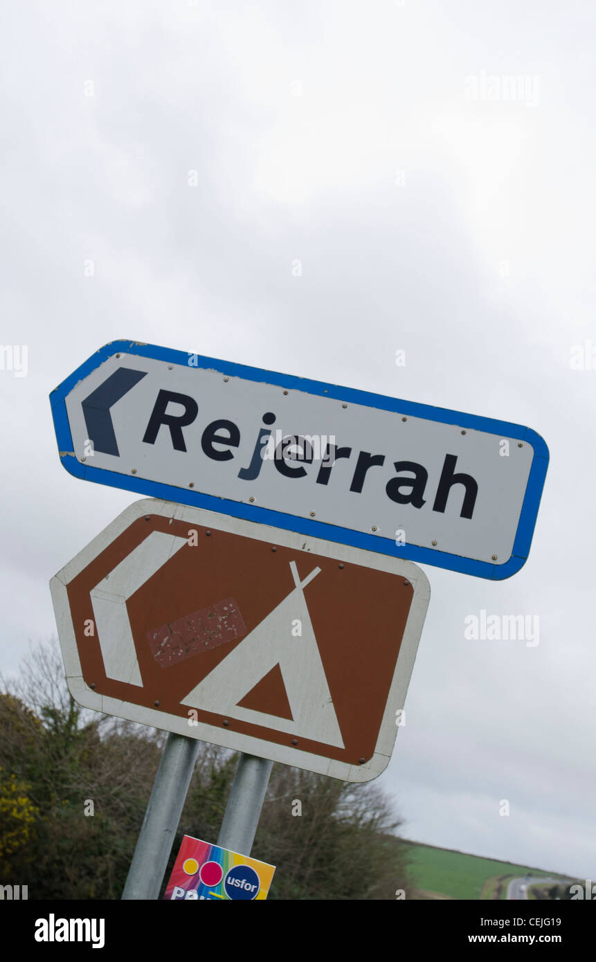 Roadsign dipicting unusual placenames of Cornwall. Stock Photo