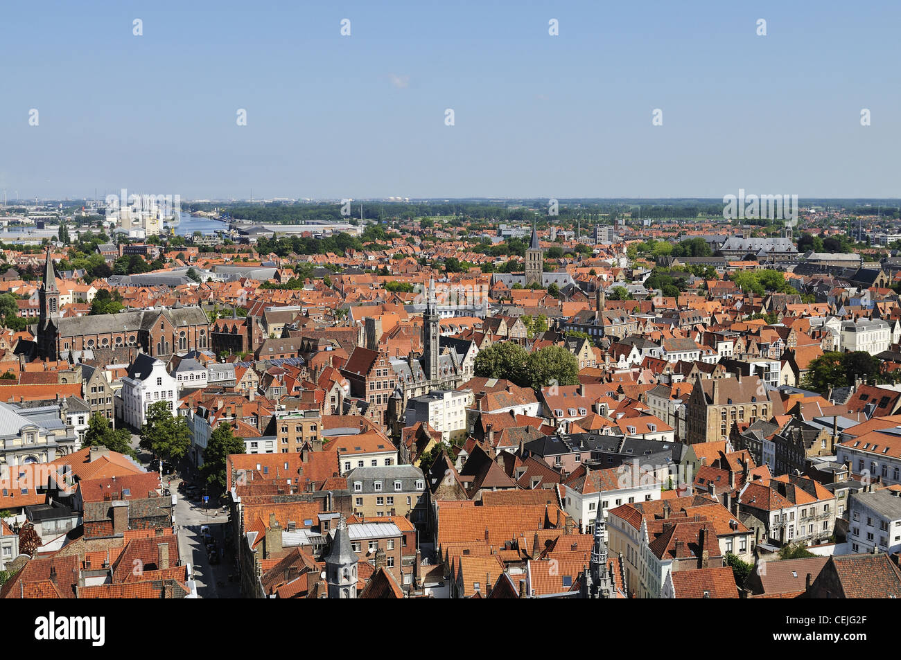 Aerial view on the medieval city of Bruges and Zeebrugge, Belgium. Stock Photo