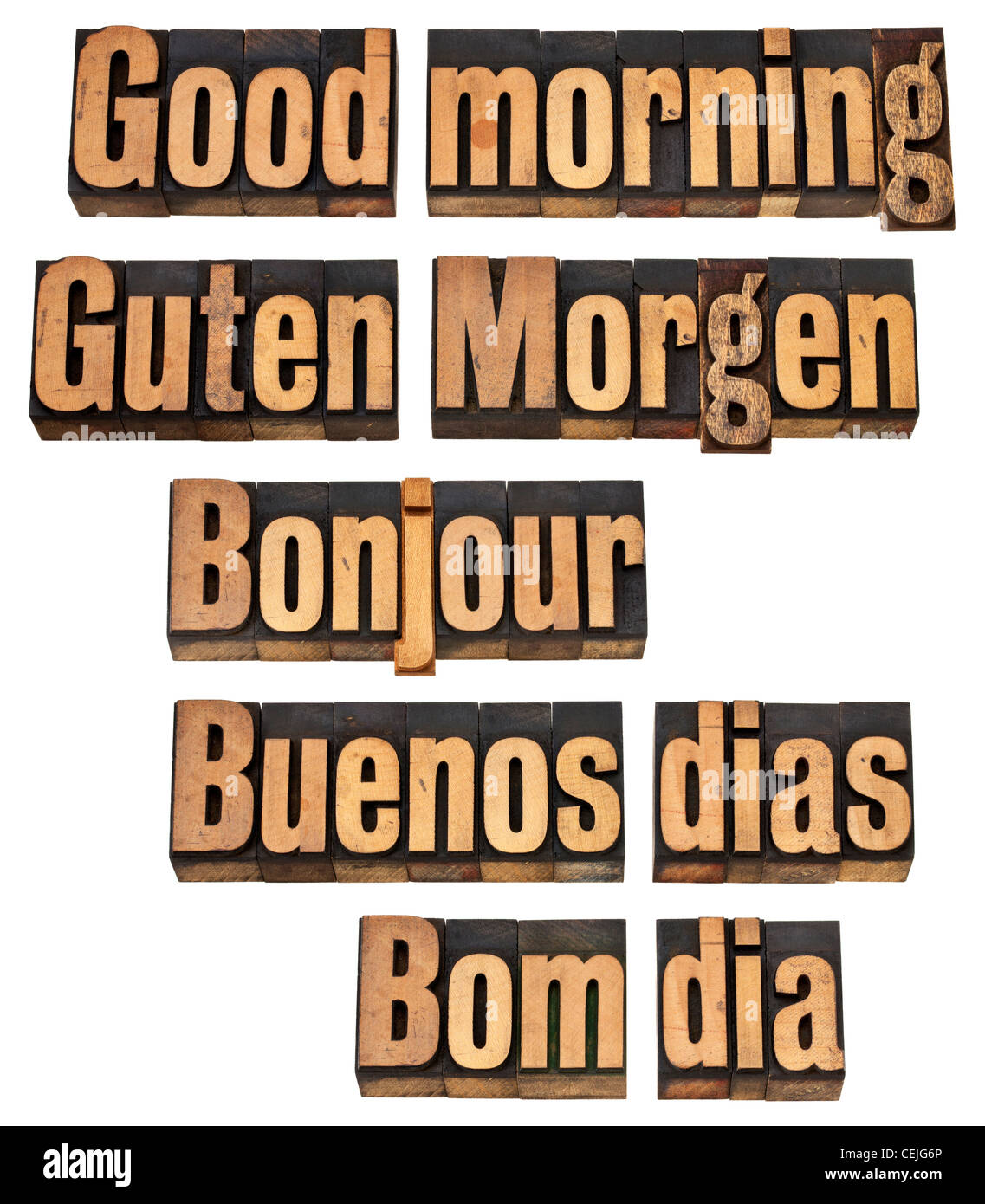 Good morning in five languages - English, German, French, Spanish and Portuguese - a collage of isolated words Stock Photo