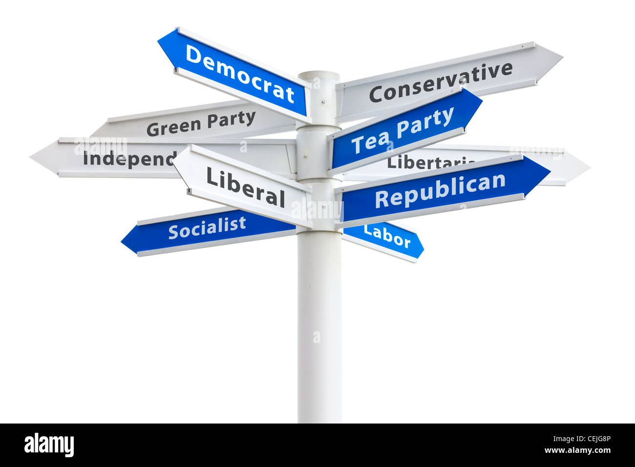 United States political parties on a crossroads sign featuring Democrat and Republican. Stock Photo