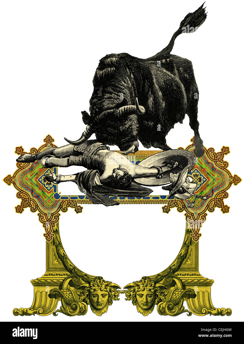 Luxurious Victorian frame with gladiator and bull. Stock Photo