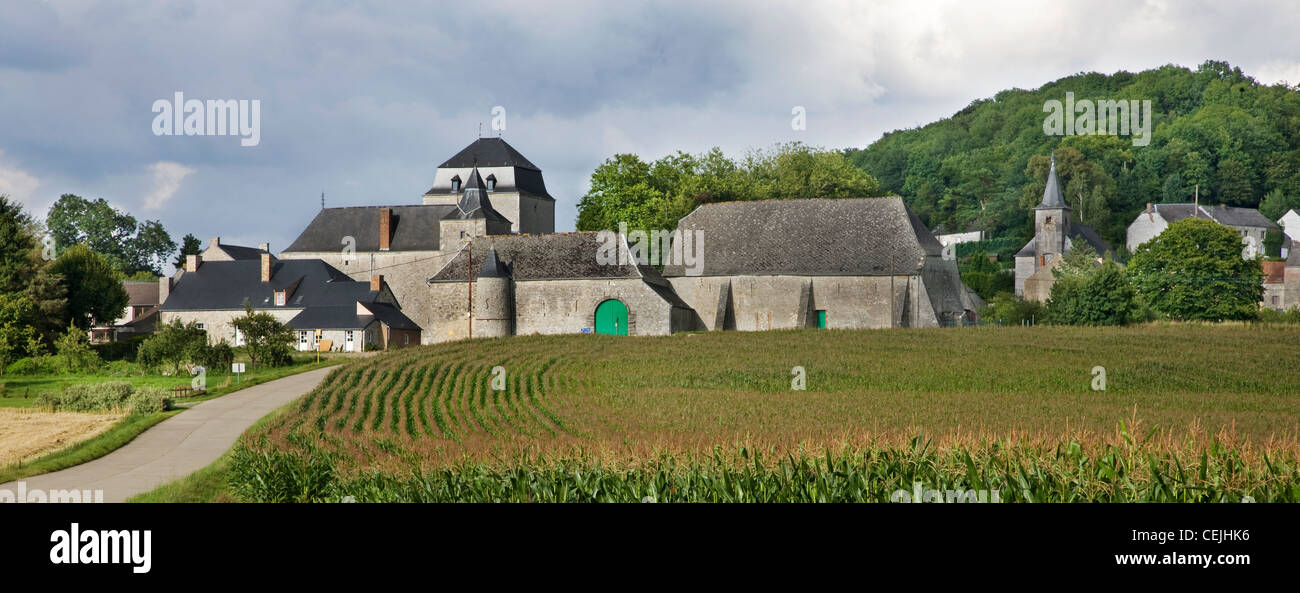 The village Roly and its château-ferme / fortified farmhouse near Philippeville, Belgian Ardennes, Belgium Stock Photo