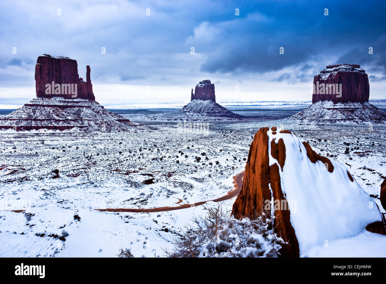 A rare captured snowfall across Monument Valley Tribal Park in Northern