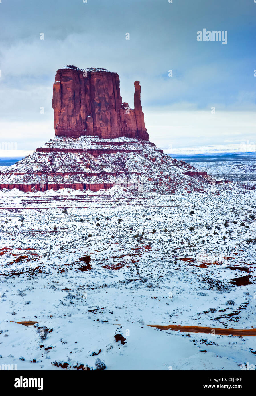 A rare captured snowfall across Monument Valley Tribal Park in Northern