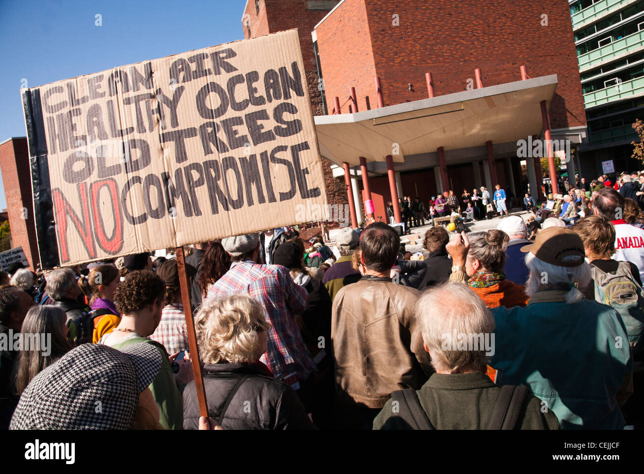 Protesters gather in Victoria, British Columbia as a part of the Occupy Wall Street movement which began in early September 2011 Stock Photo