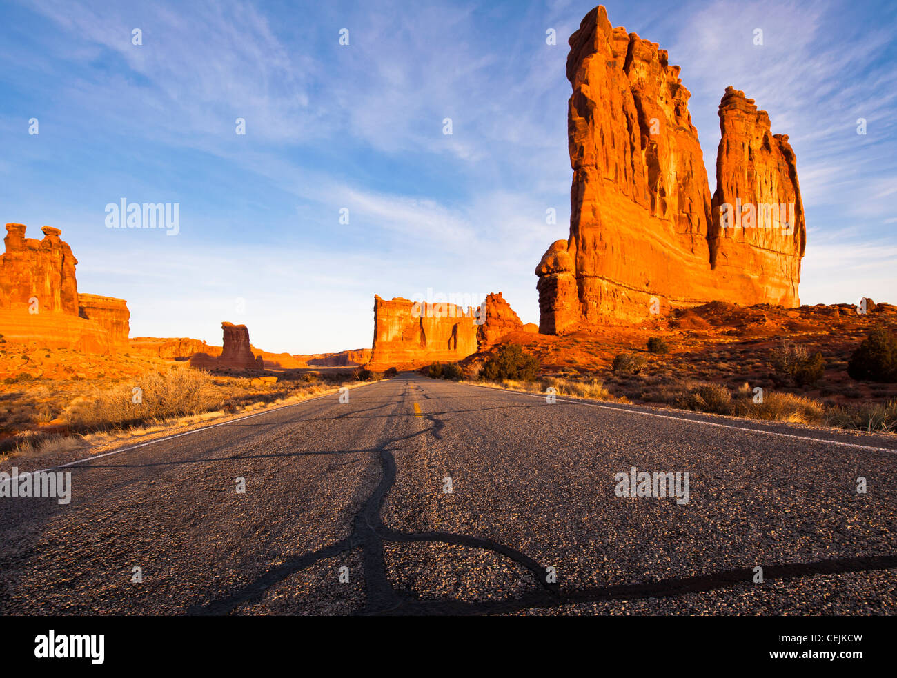 Arches National Park in Utah has many arches and huge buttes to photograph at sunrise or sunset. Stock Photo