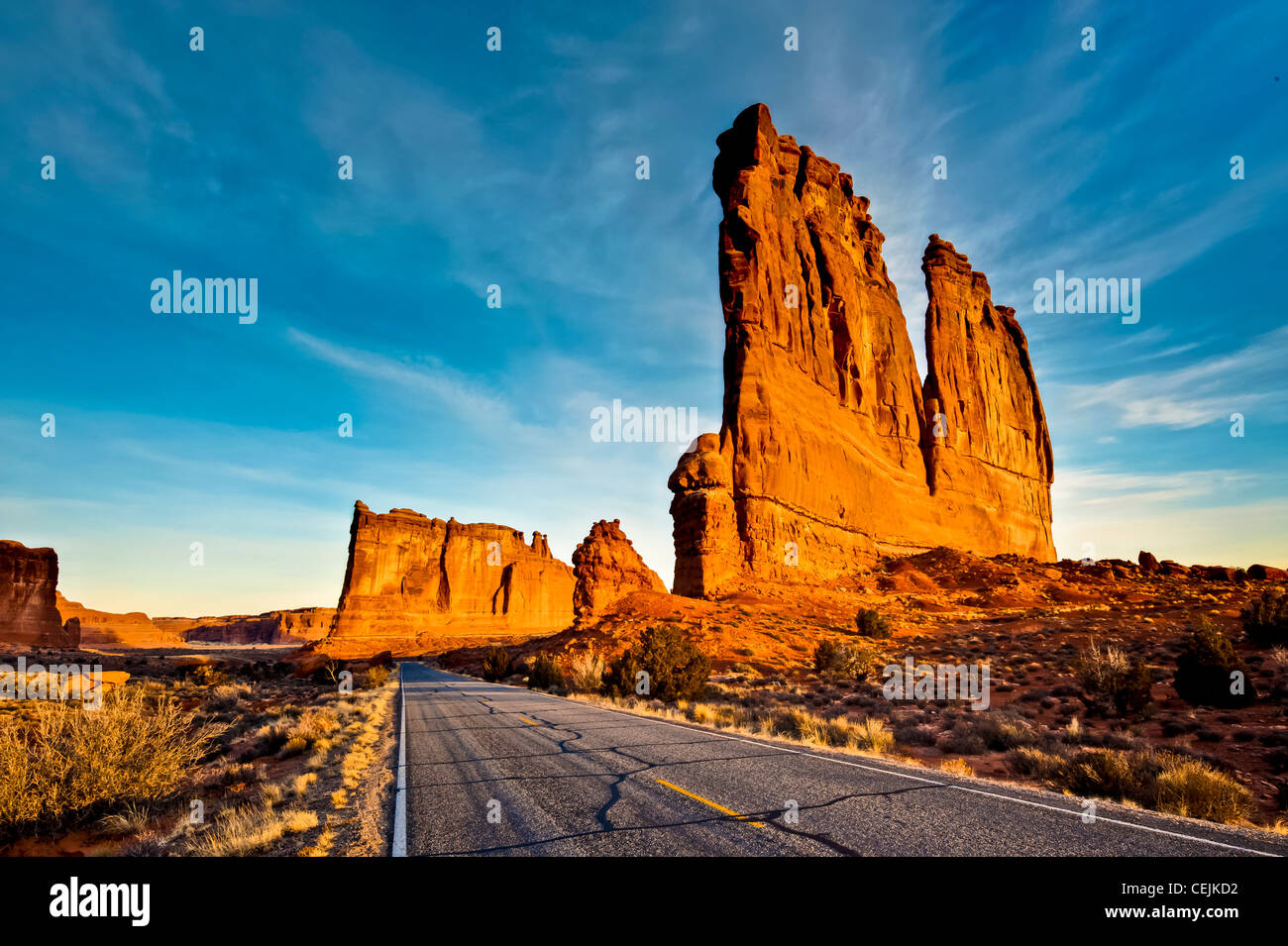 Arches National Park in Utah has many arches and huge buttes to photograph at sunrise or sunset. Stock Photo