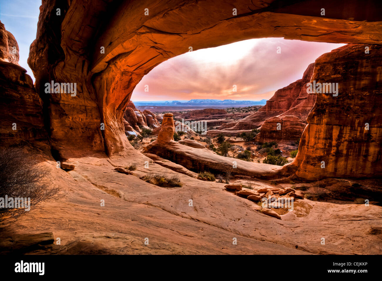 Tower Arch is located in the remote Klondike Bluffs section of Arches National Park.  Northern part of park. Utah. Stock Photo