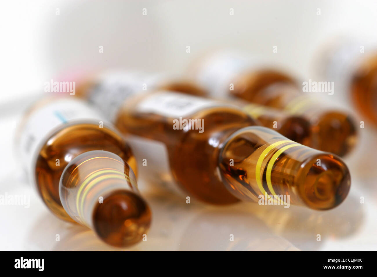 A close up of some brown glass sealed vials Stock Photo