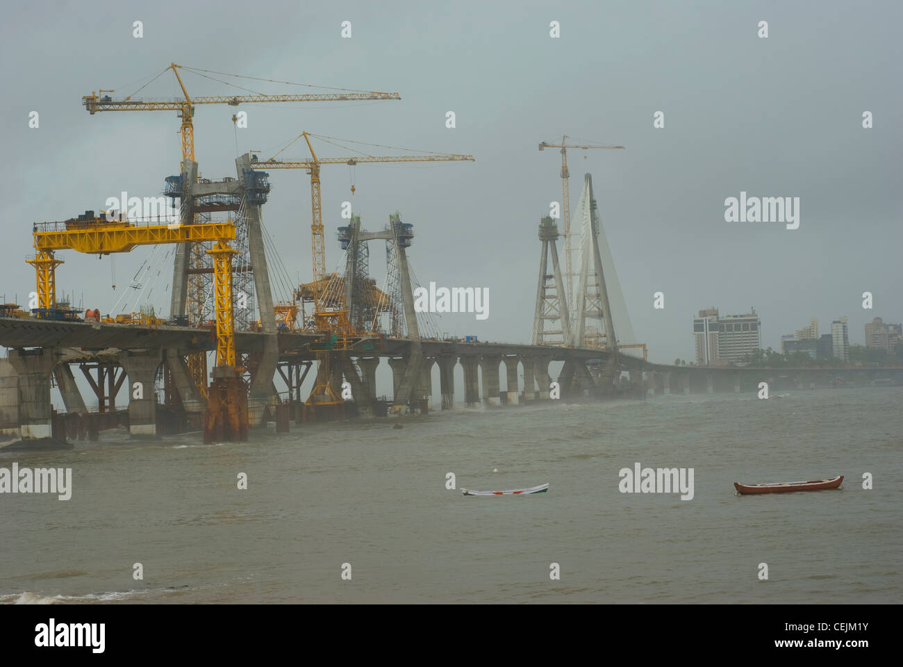 Bandra–Worli Sea Link (BWSL) during it's construction phase - Monsoon Stock Photo