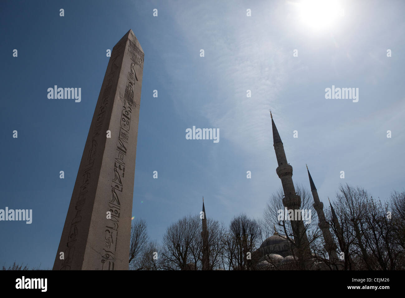 An ancient Egyptian obelisk stands in am Istanbul city square in Sultanahmet District. Stock Photo