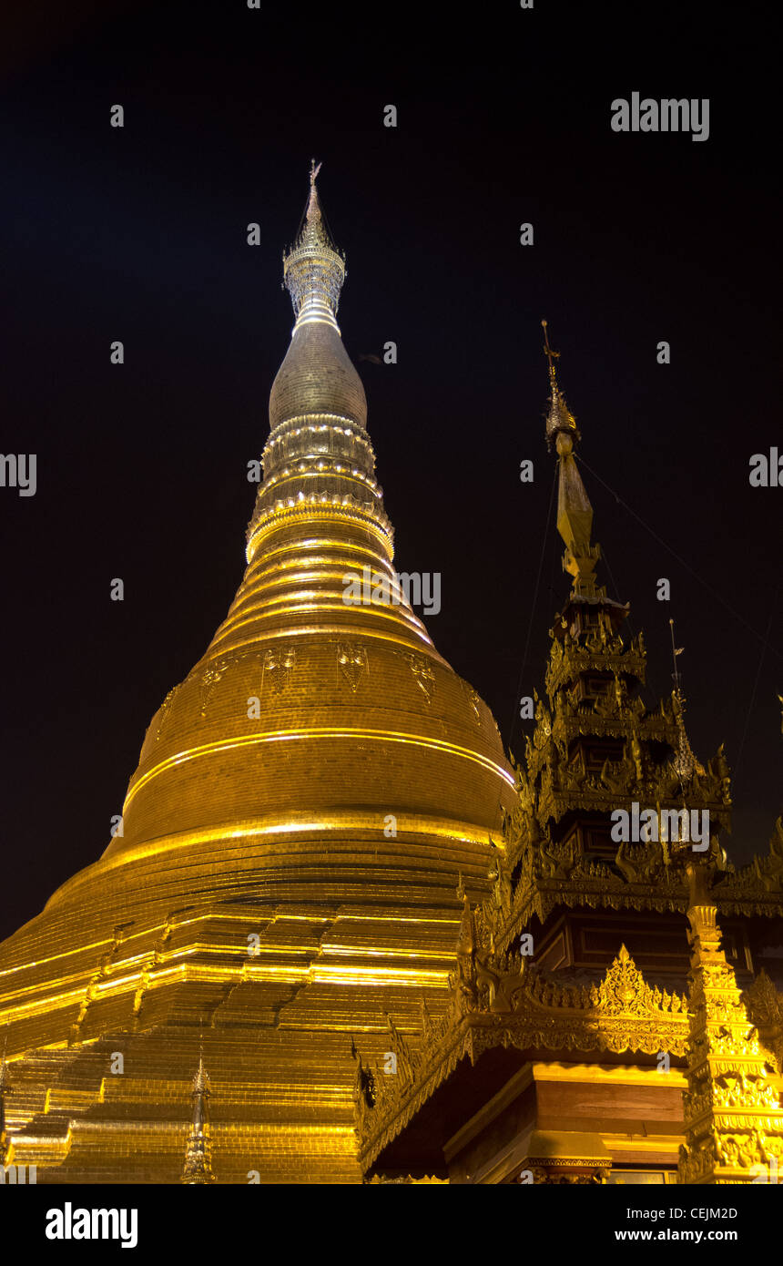 Golden Stupa in Shwedagon Pagoda at night, Rangoon, Burma Stock Photo