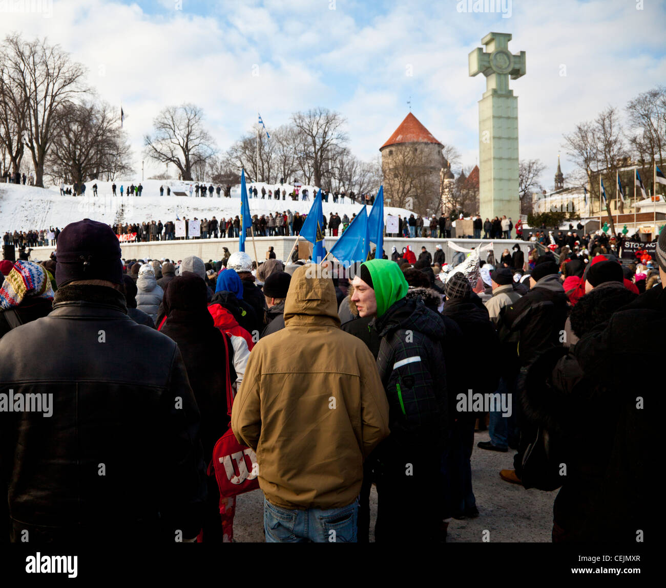 People gathered at the protest against the Anti-Counterfeiting Trade Agreement in Tallinn, Estonia Stock Photo