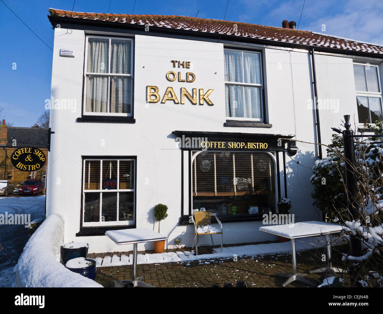 The Old Bank coffee shop and bistro in Snettisham, Norfolk, England in Winter. Stock Photo