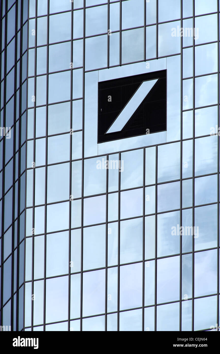 Deutsche Bank logo at the facade of the Headquarters in Frankfurt (Main);  German Bank in Frankfurt (Main); Editorial use only! Stock Photo