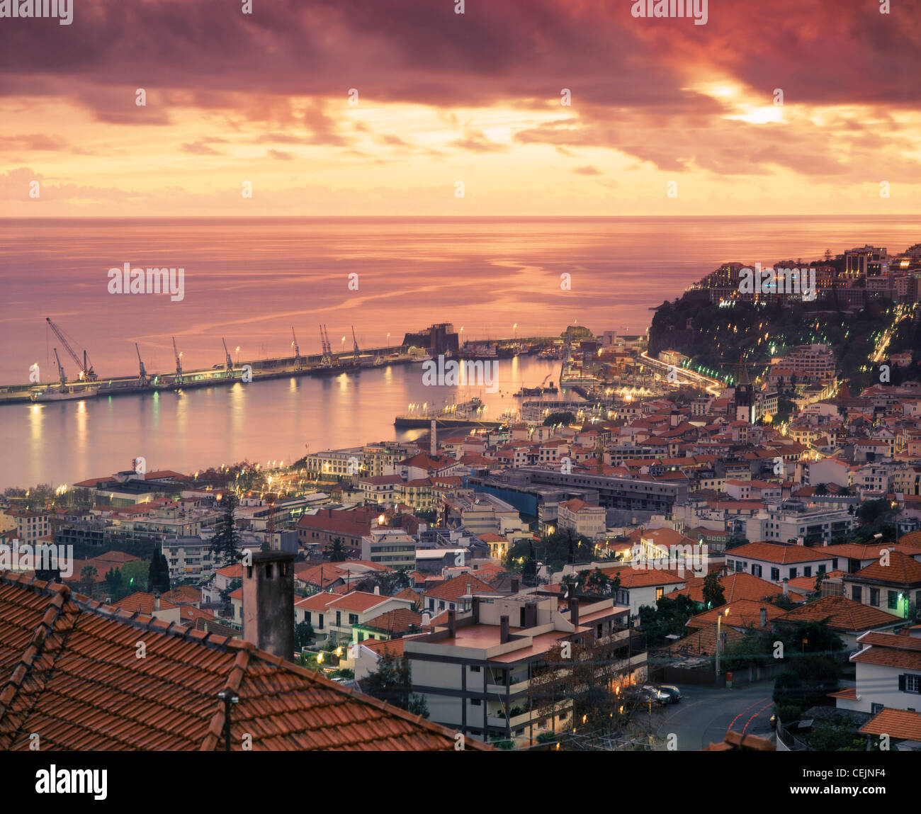 Rooftop view at sunset over Funchal, Madeira, Portugal. Stock Photo