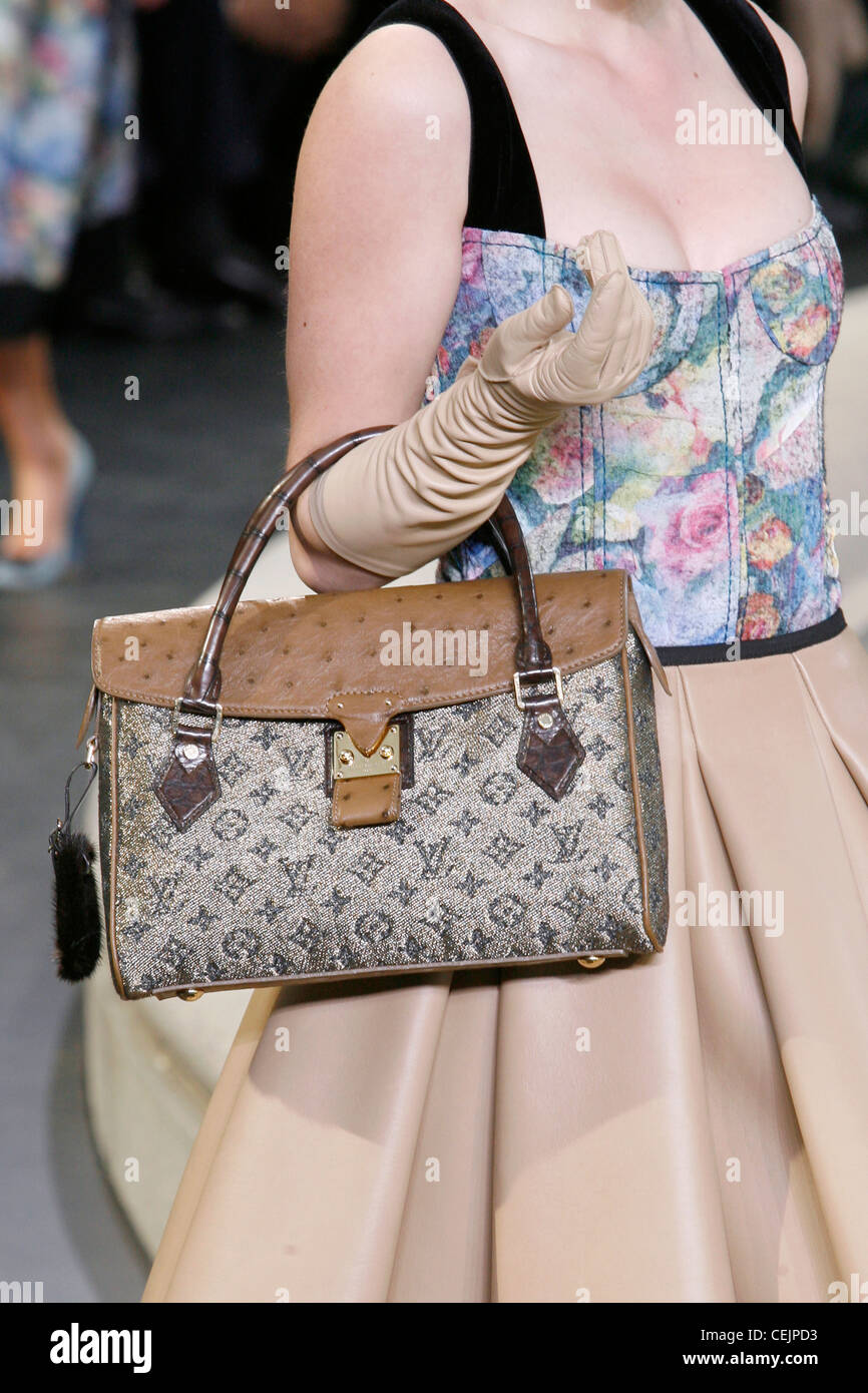A pale leather circle skirt a multi coloured floral patterned corset,  holding a metallic bronze and brown handbag LV motif and Stock Photo - Alamy