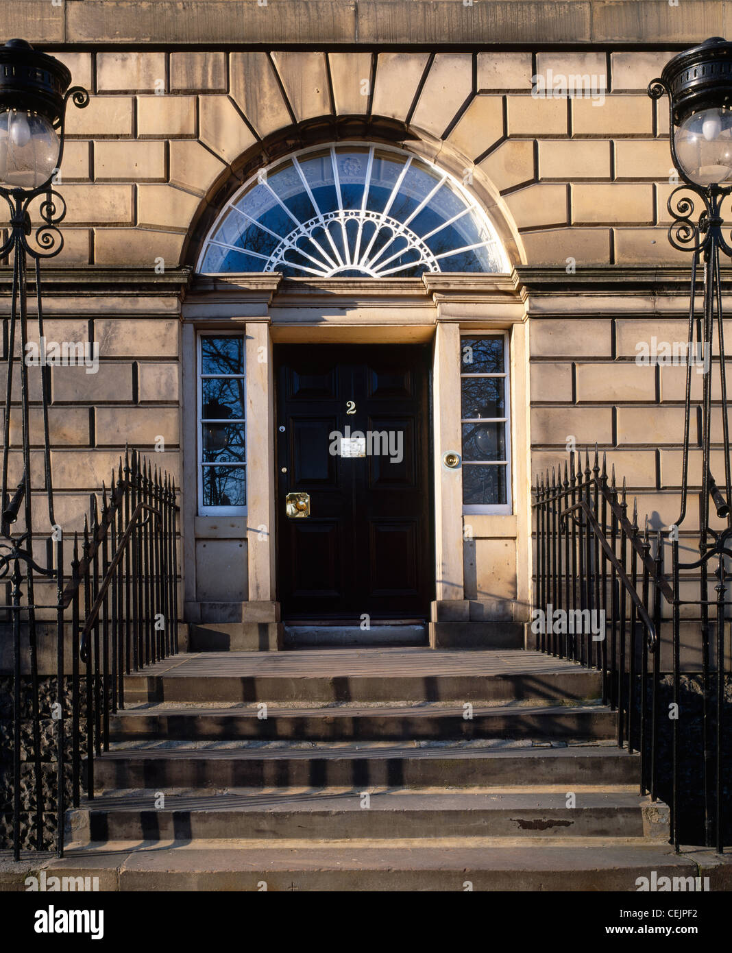 Black door and fanlight of a house, 2 Charlotte Square, Edinburgh, Scotland, UK Stock Photo