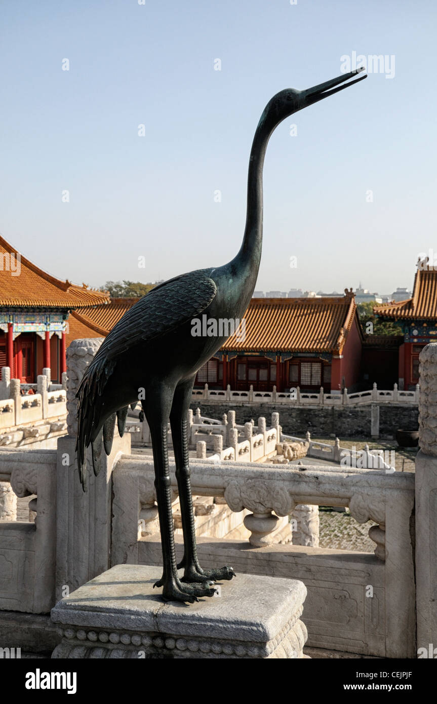 Bronze Statue long necked crane hall of Supreme Harmony Forbidden City Imperial Palace Beijing China symbol symbolic design Stock Photo