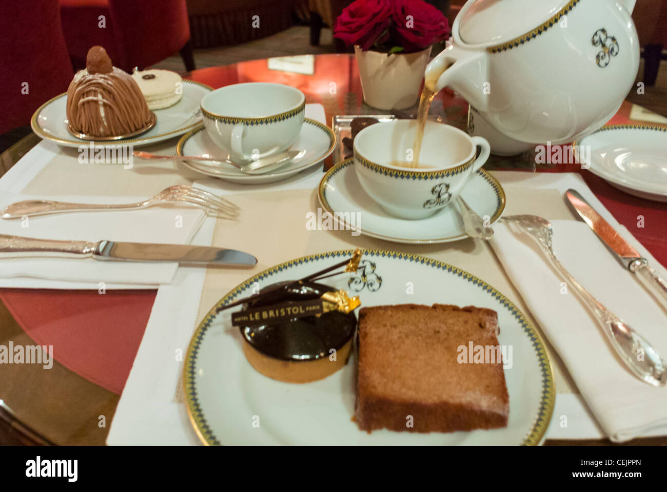 Paris, France, inside Luxury Hotel Palace Bar Café, 'Le Bristol', detail Tea Pot on Table, interior cafe paris Stock Photo