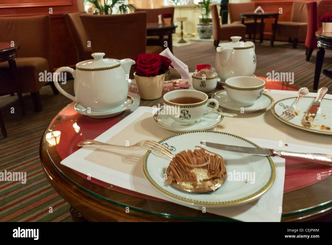 Paris, France, inside Luxury Hotel Palace Bar Café, 'Le Bristol', detail Tea Pot on Table, interior cafe paris Stock Photo