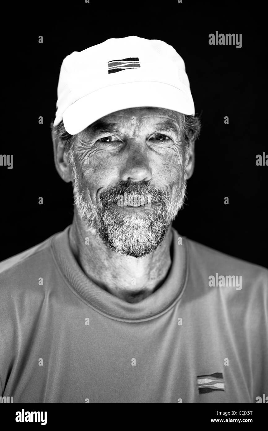 Dan Richards poses for portrait after rowing practice at Lake Casitas in Ojai, California. Stock Photo