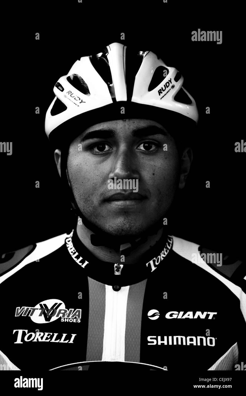 Cyclist Jamie Bailon poses for a portrait after racing in a twenty-five mile criterium in Camarillo, California. Stock Photo
