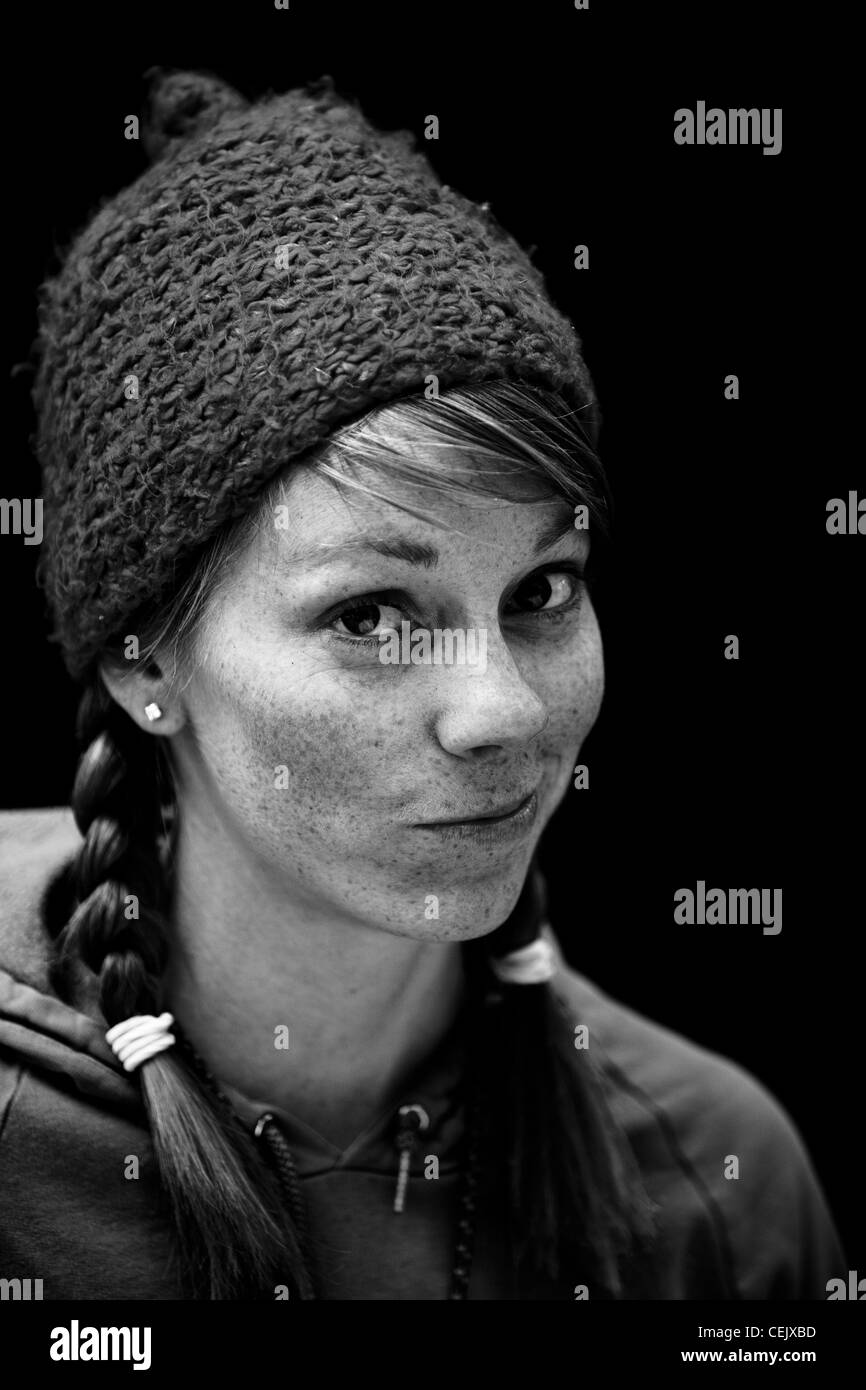 Professional climber Elizabeth "Libby" Sauter poses for a portrait in Camp 4, Yosemite Valley, California. Stock Photo