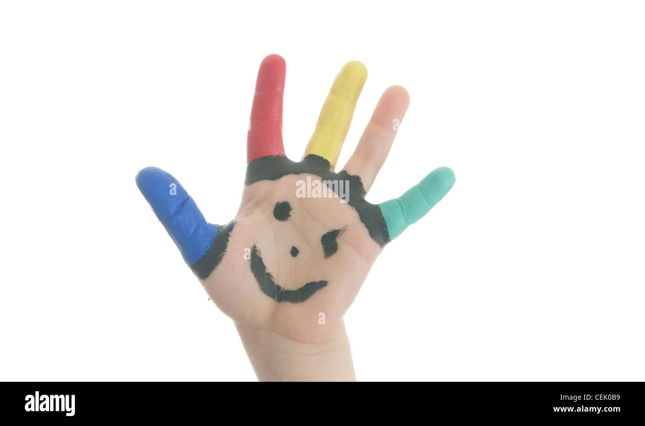 child with hand painting paint red black multicolor isolated Stock Photo