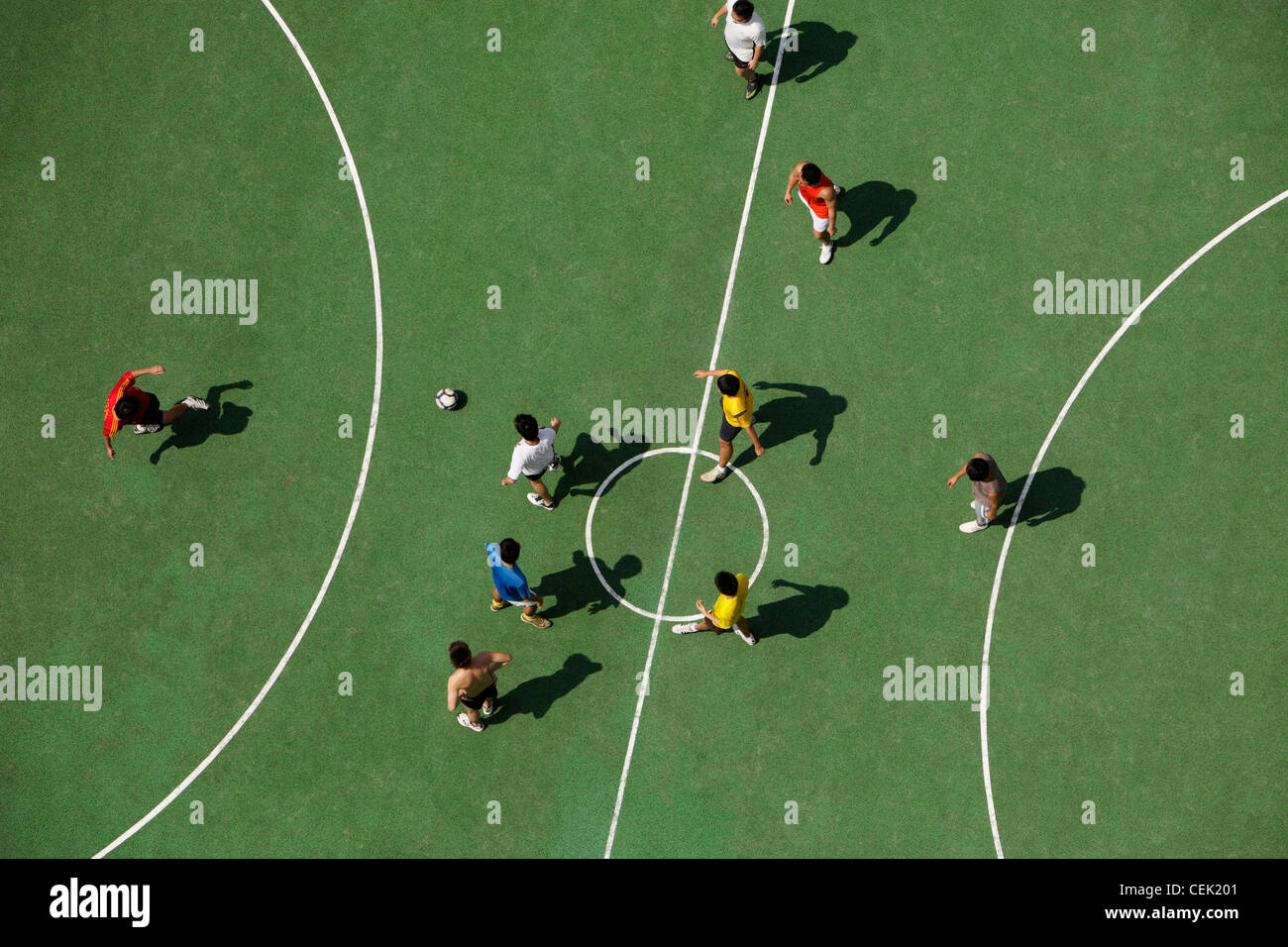 Arial view of men playing soccar Stock Photo