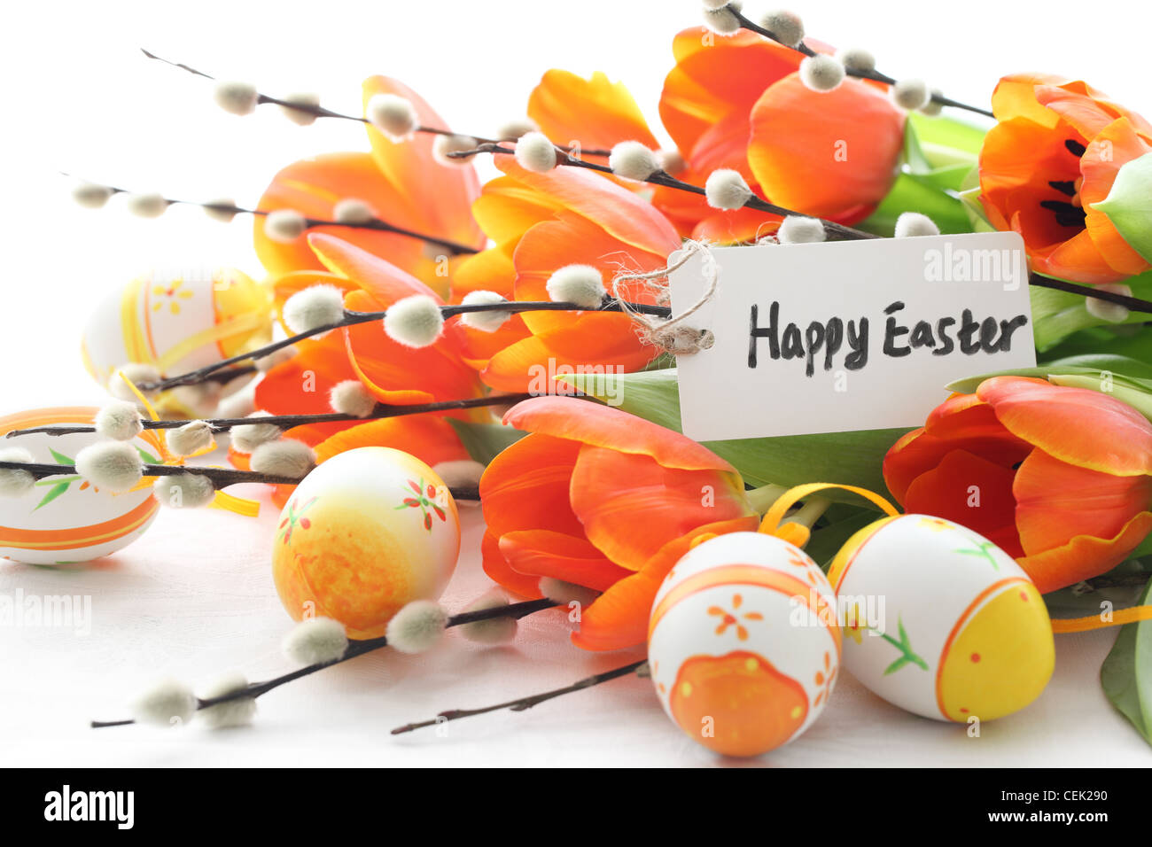 Easter eggs,tulips,silver-bud willow and card,Happy easter. Stock Photo