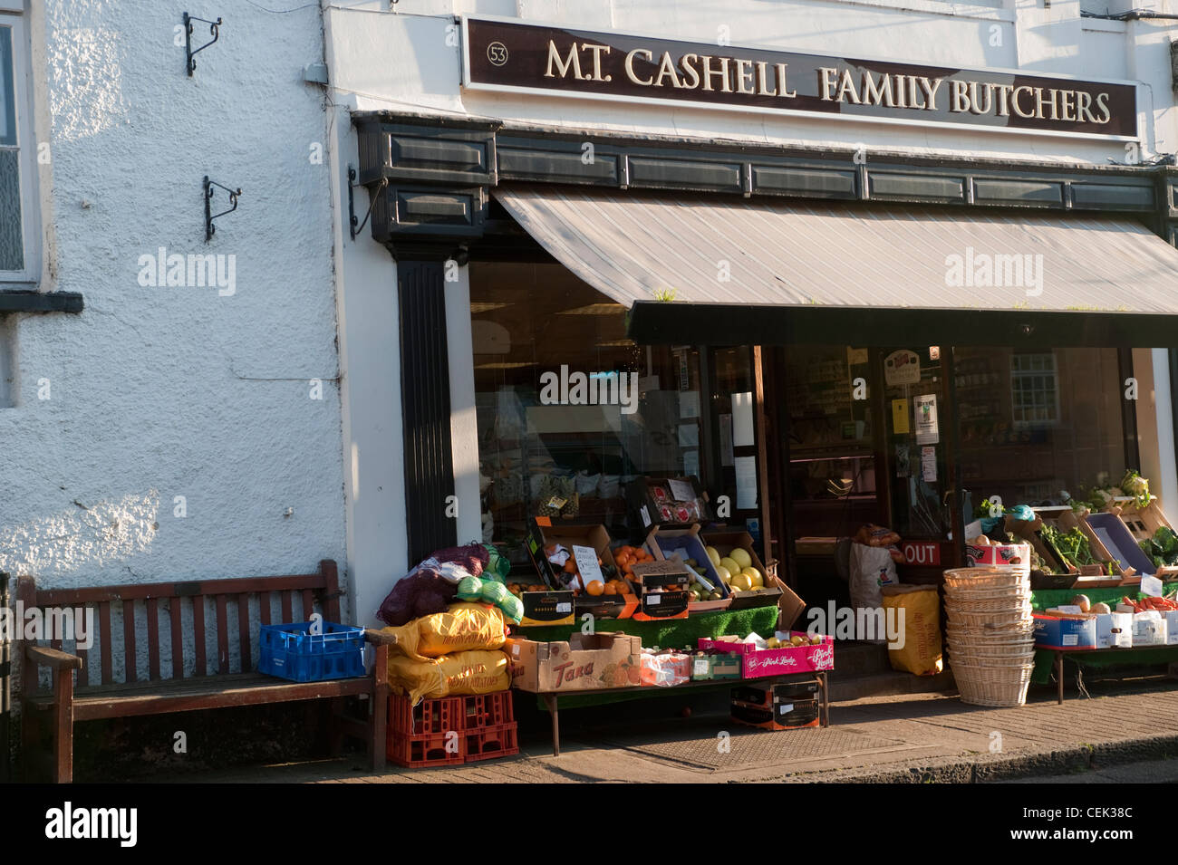 Butcher and greengrocer in the HIgh Street at Crickhowell Stock Photo