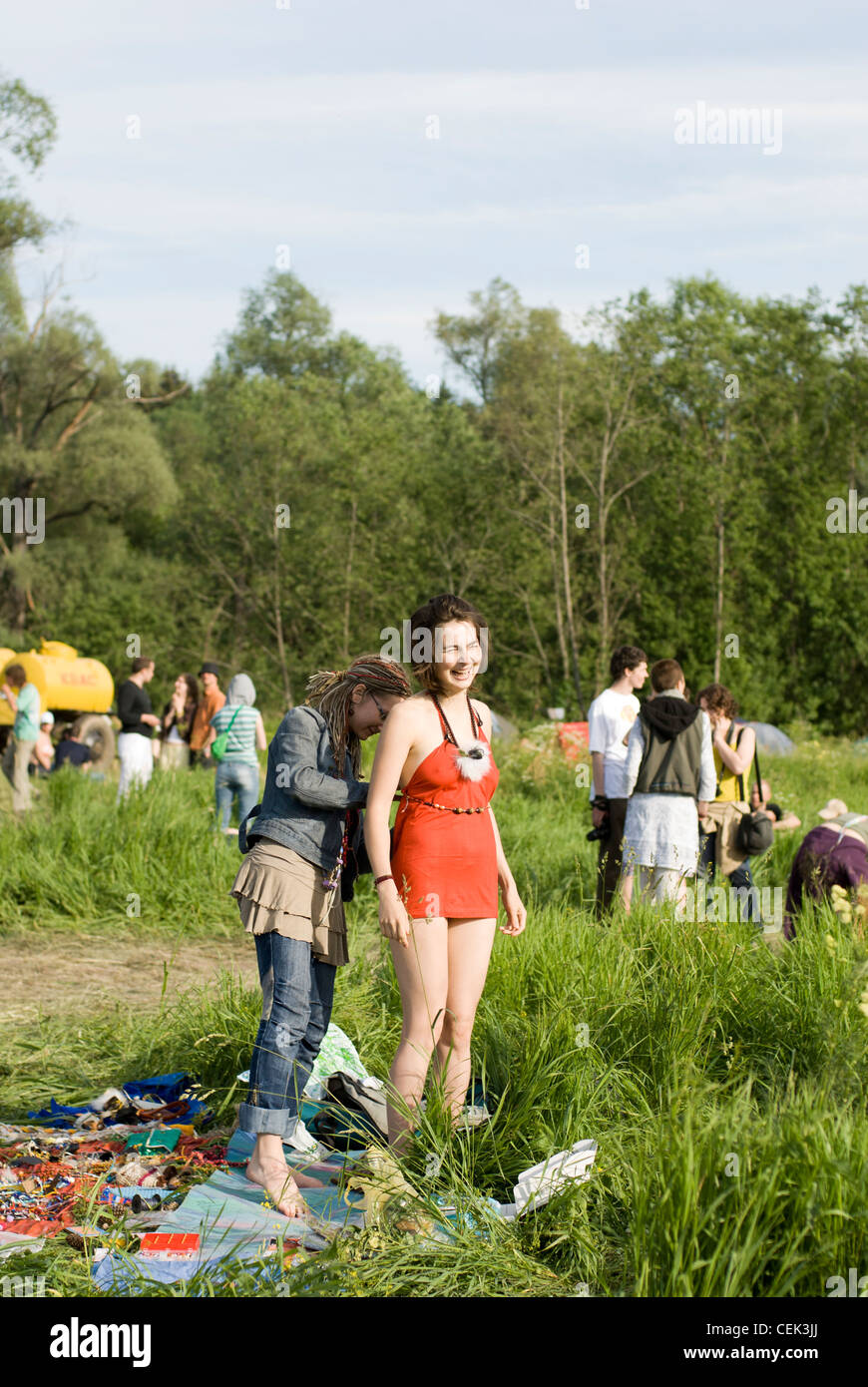 Young hippies at folk rock music festival Stock Photo