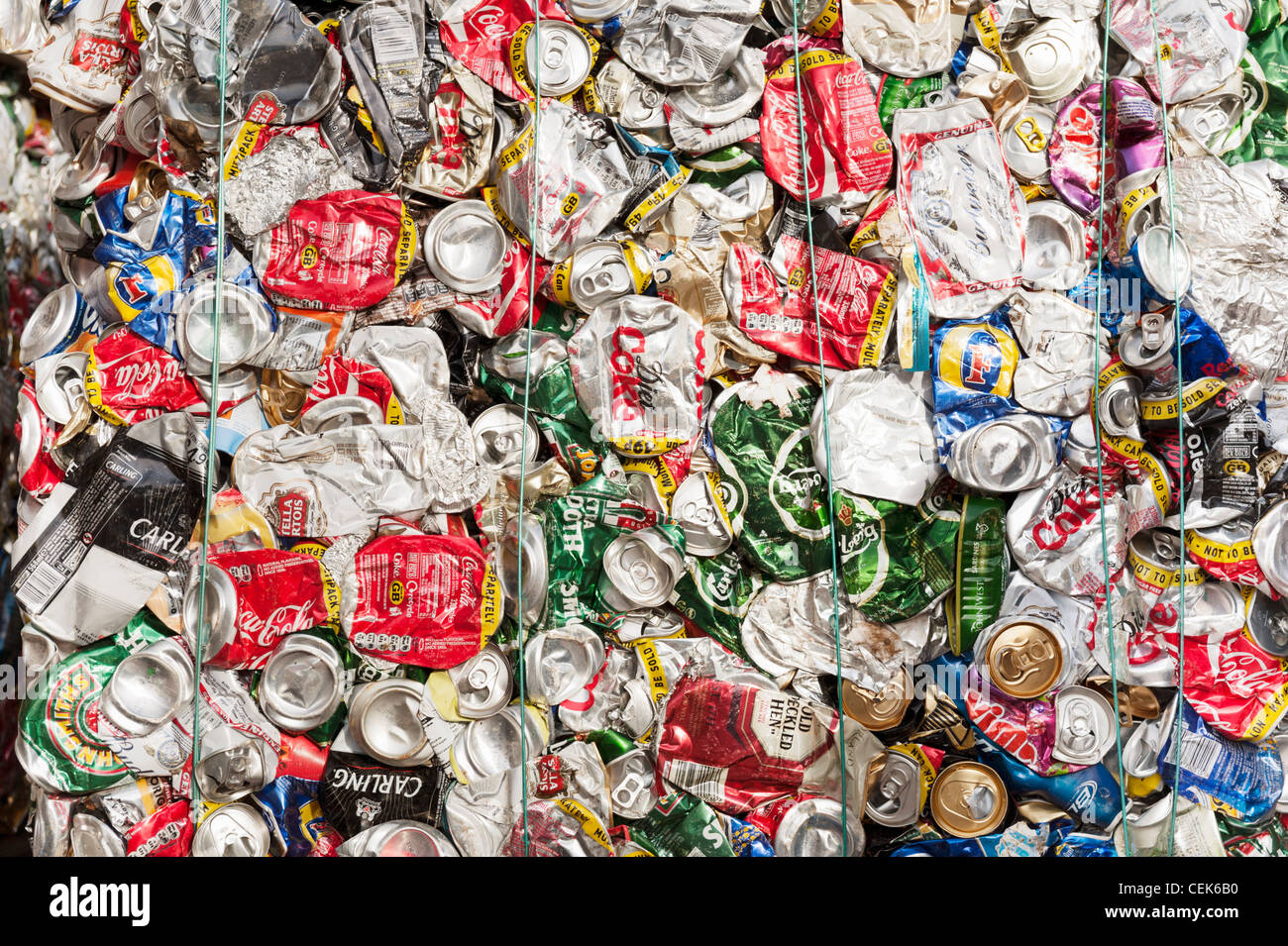 aluminum (aluminium) drinks cans crushed into bales for recycling Stock