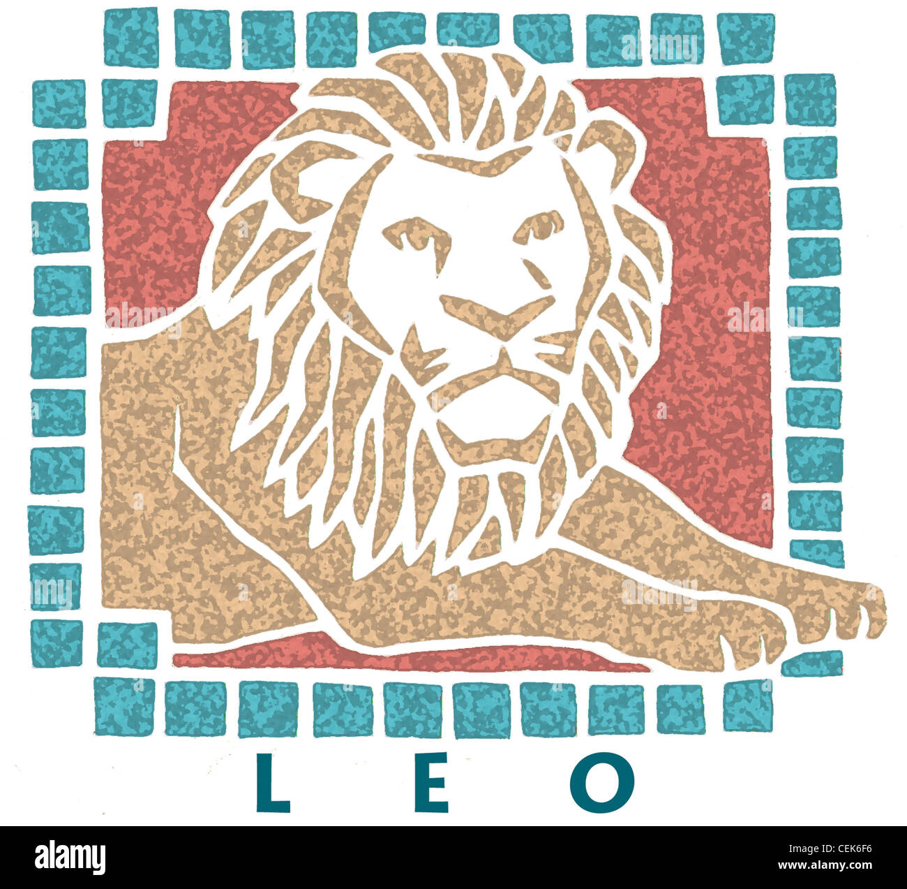 Star sign Leo aqua blue mosaic border illustration of a laid back relaxed lion against a red background Geoff Nicholson Stock Photo