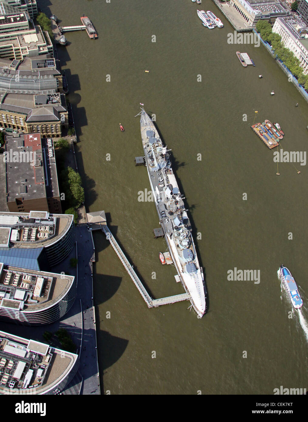 Aerial image of HMS Belfast moored in the Thames, London Stock Photo