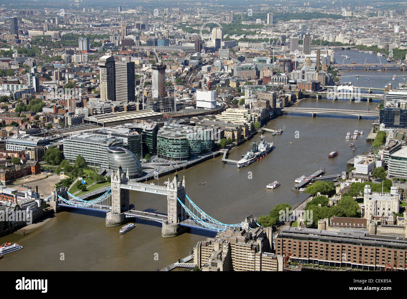 Aerial image of looking west from Tower Bridge, across to the south bank of The River Thames, London, UK Stock Photo