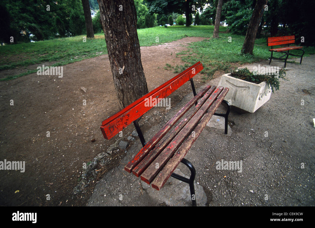Wooden bench in a public park in Bijelo Polje, Montenegro, Balkans Stock Photo