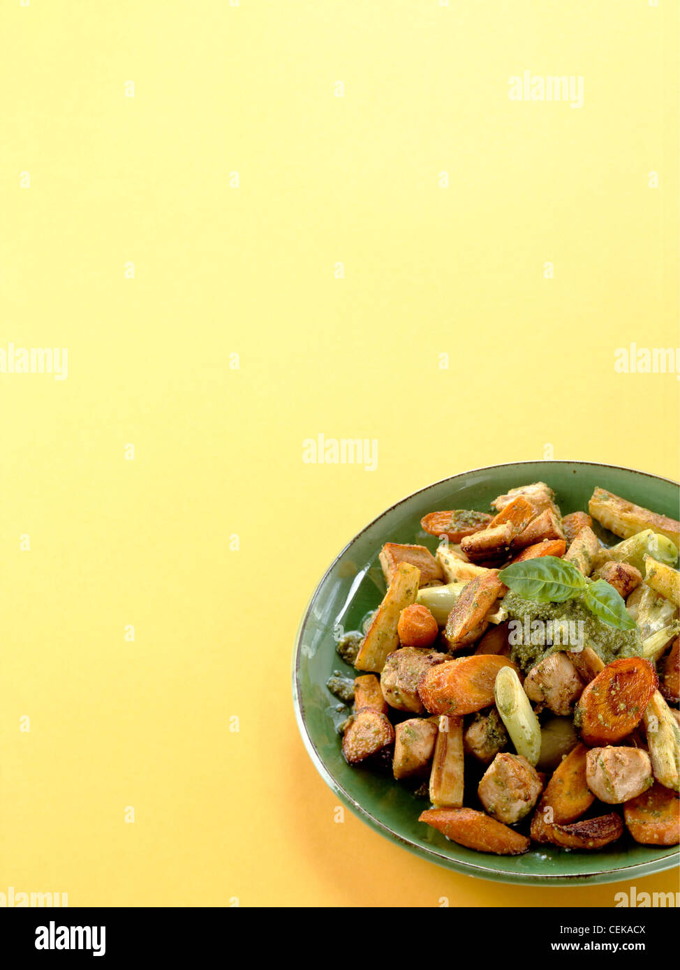 "Cookery cards" Chicken with pesto vegetables Stock Photo