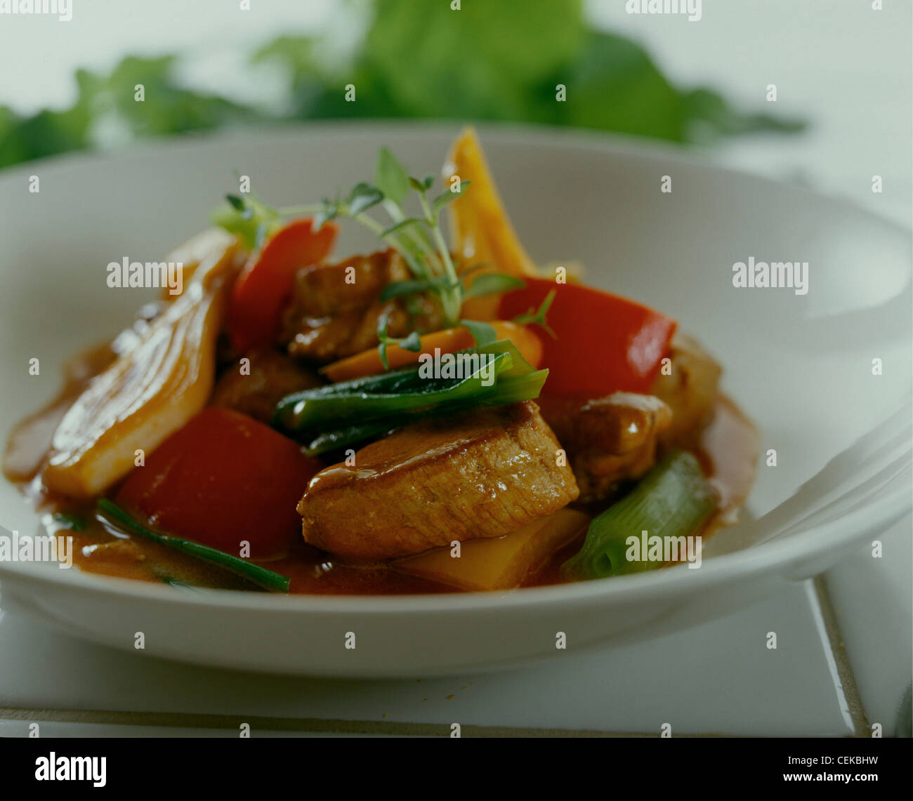 Pork Fillet Goulash' Pork fillets with red and yellow peppers served in