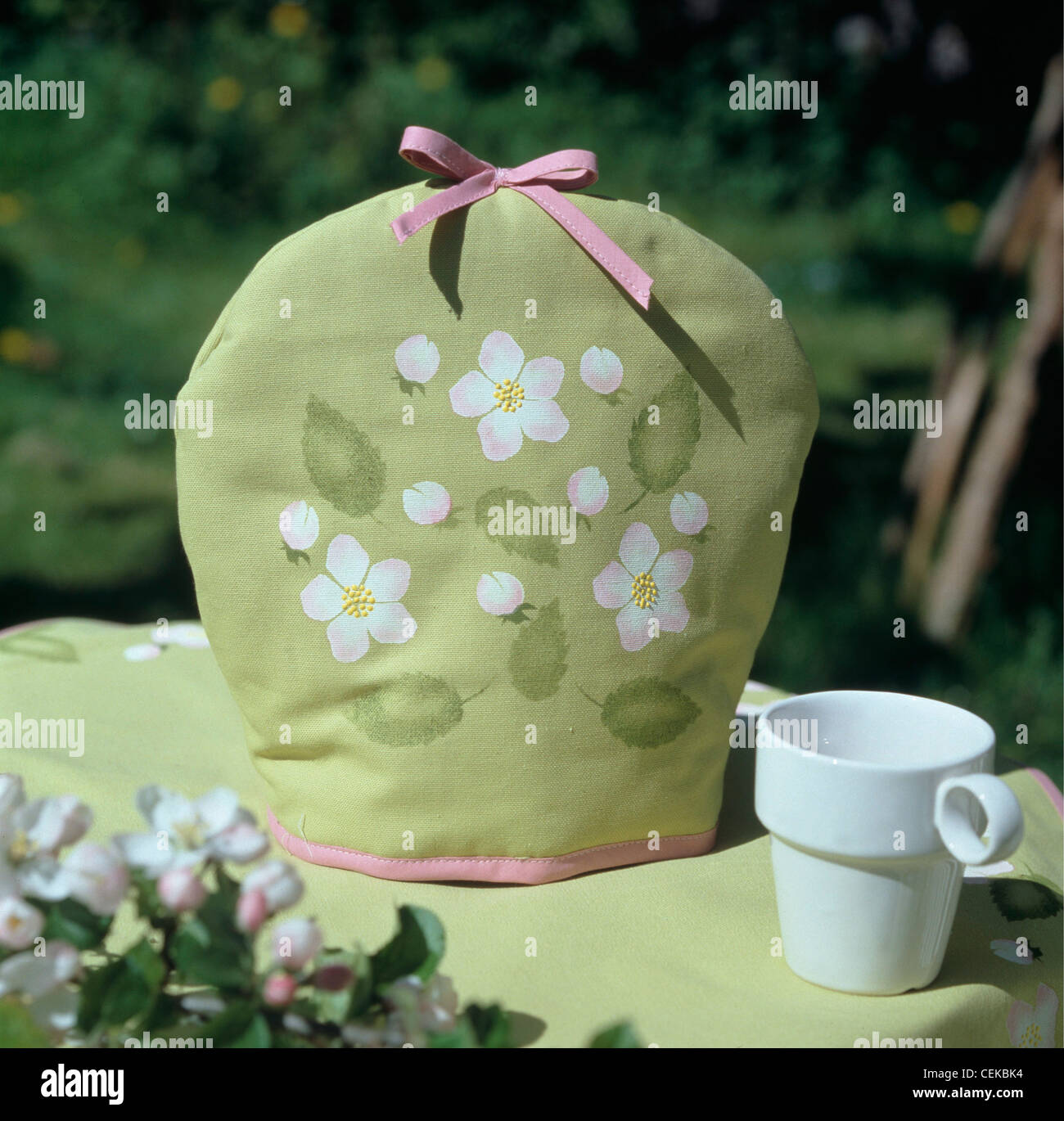 Pale green tea cosy embroidered pink and white flowers, decorated pink ribbons, on a pale green cloth next to a white china Stock Photo