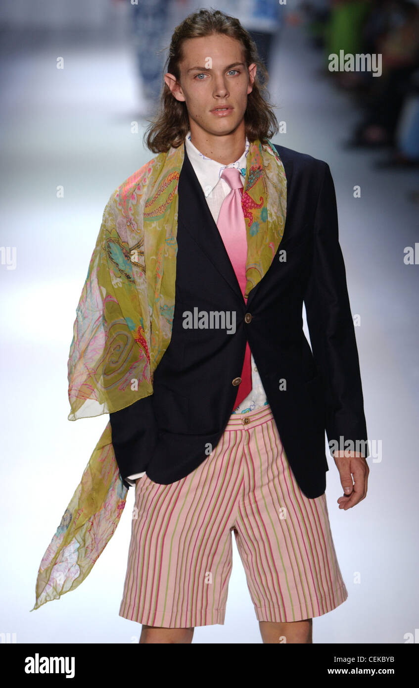 Etro Milan Menswear S S Black suit jacket, striped shorts, accessorized with paisley print scarf Stock Photo