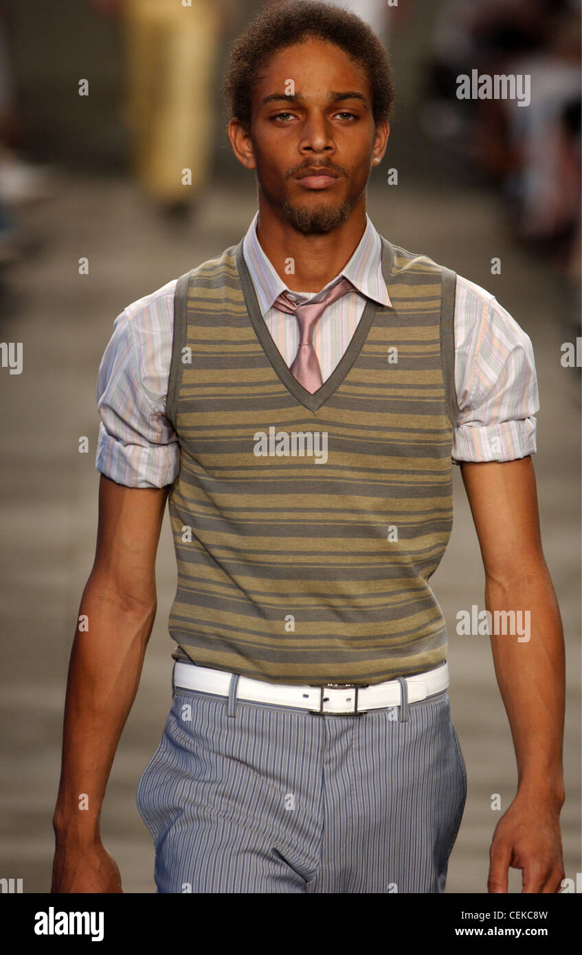 Hermes Paris Menswear S S Male model wearing striped tank top over