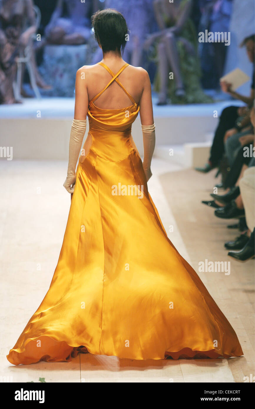 Anna Molinari Milan Ready to Wear S S Back view of model wearing flowing  satin gold gown criss cross straps and long gloves Stock Photo - Alamy