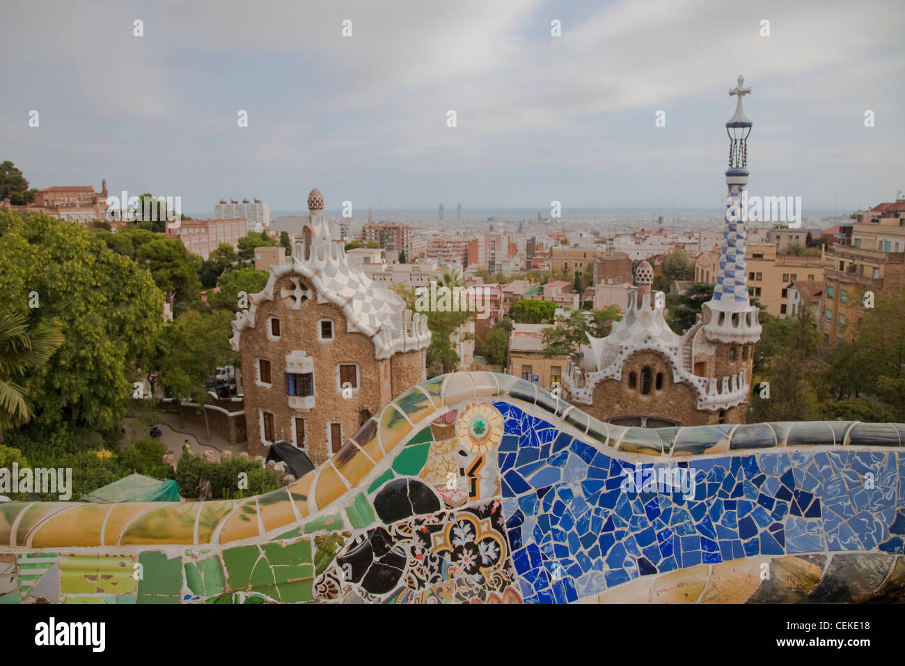 Park Guell .a garden complex architectural elements designed Antonio Gaudi park built in years 1900-1914 turned into public Stock Photo