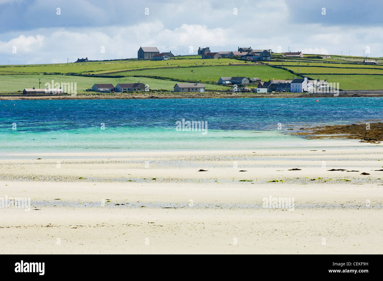 Bay of Pierowall, and the village of Pierowall, on the island of Westray, Orkney Islands, Scotland. Stock Photo