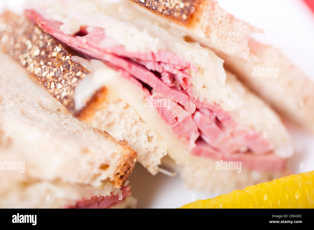 A macro image of a corned beef reuben sandwich close up Stock Photo Alamy