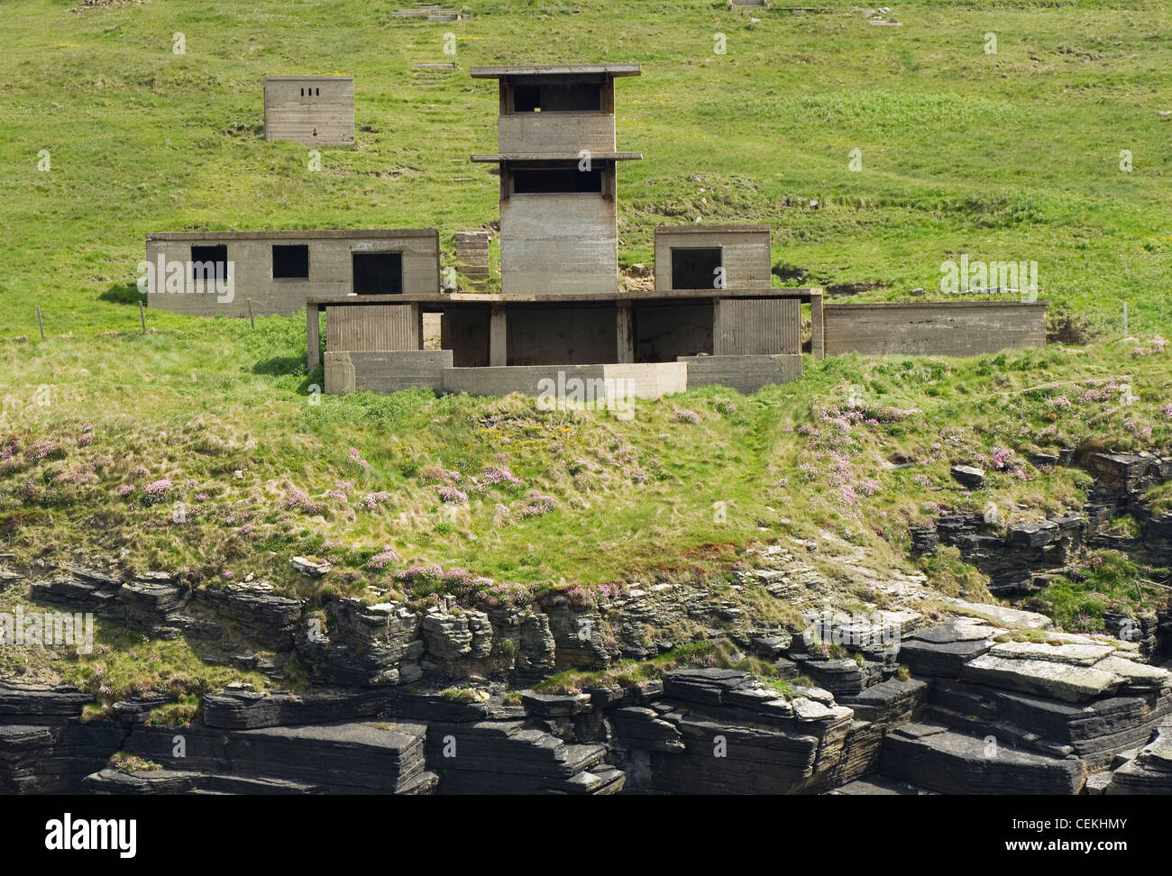 Remains of old world war two gun emplacement at Hoxa Head on the island of South Ronaldsay, Orkney Islands, Scotland. Stock Photo