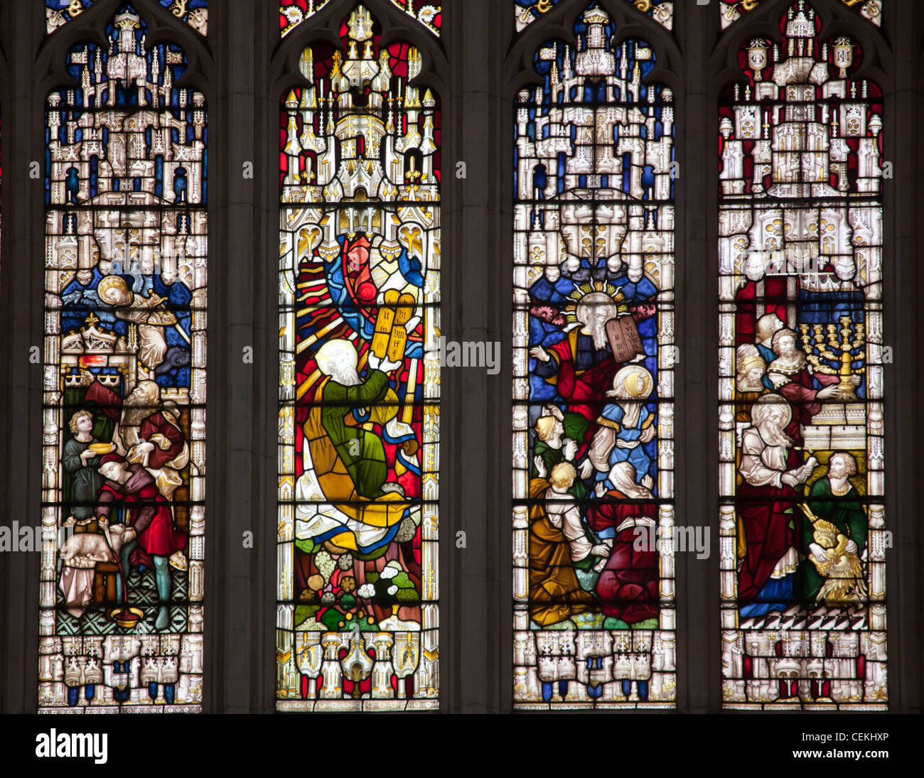 England, Somerset, Bath, Bath Abbey, West Side, Stained Glass Window
