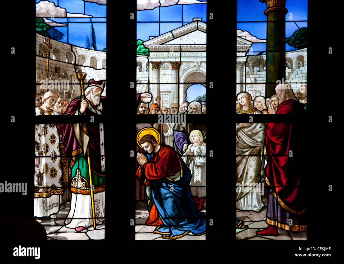 Italy, Milan, Milan Cathedral, Window 32, Life of St. Ambrose, Baptism of St. Augustine Stock Photo